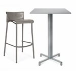 Fiore Bar Leaner Base (Silver) with Durel Table Top (Silver) & Duca Bar Stool (Taupe)