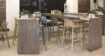 NARDI Faro Tall Bar Stools at indoor wooden bench in Taupe, Blue and Avana