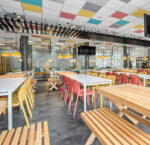 NARDI Bit Chairs in Mustard and Coral Red in food court