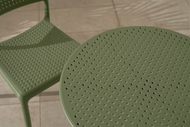 NARDI Step Bistro 3-Piece Balcony Setting in Olive Green - Perforation Pattern of Table Top & Chair