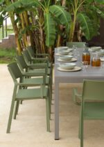 NARDI Trill Armchairs in Olive Green in dining set around Rio 210-280 Extendable Table in Taupe