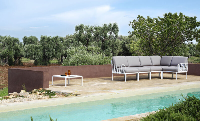 Komodo Outdoor Lounge Setting - Komodo Modular Outdoor Lounge Suite and Komodo Outdoor Coffee Table in White (Pictured By Pool)