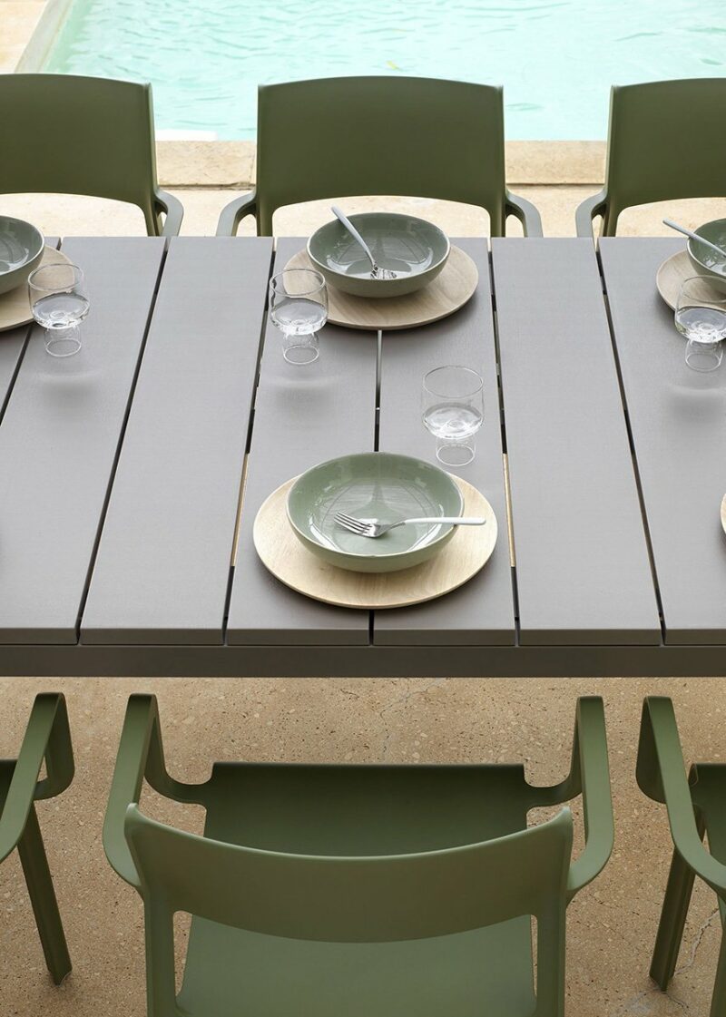 Trill Rio 10-Seater Outdoor Dining Set - Taupe Table & Olive Green Chairs (Close up view of Centre of Table + Chairs)