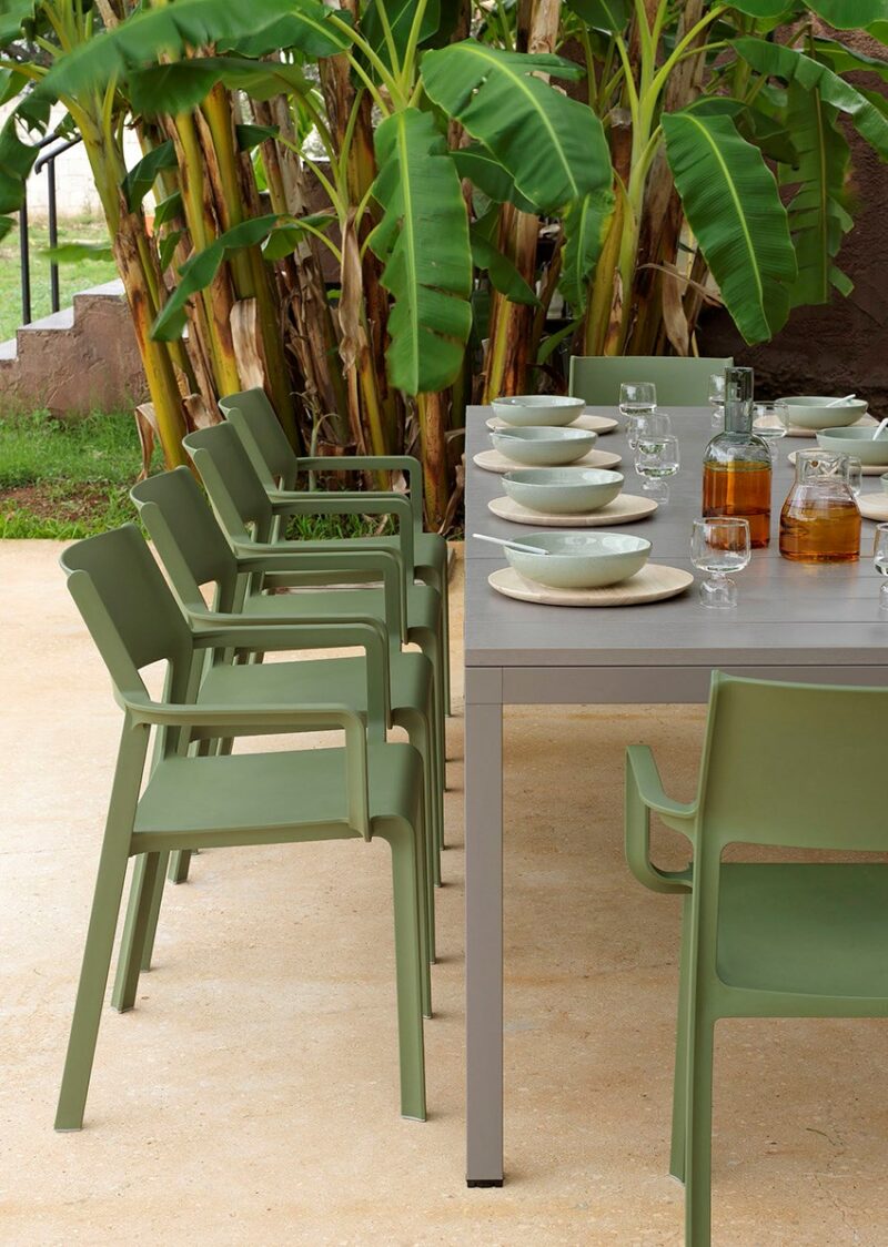 Trill Rio 10-Seater Outdoor Dining Set - Taupe Table & Olive Green Chairs (View from end of table)