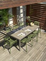 NARDI Rio Alu 210-280 Extendable Outdoor Dining Table in Taupe with Doga Chairs in Olive Green