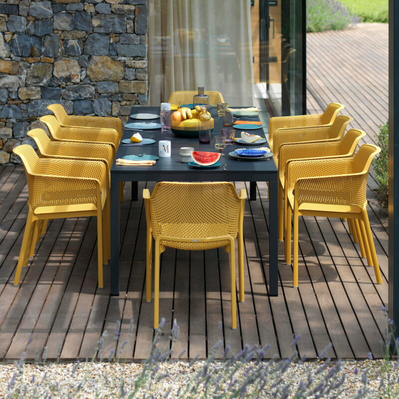 Nardi rio alu net 8-seater outdoor dining set - charcoal table & mustard chairs (head of table)
