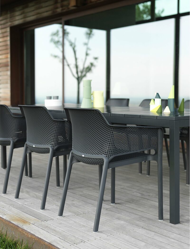 NARDI Net Rio 9 Piece Dining Setting – Charcoal (Rio 210-280 Extendable Table with Net Chairs)