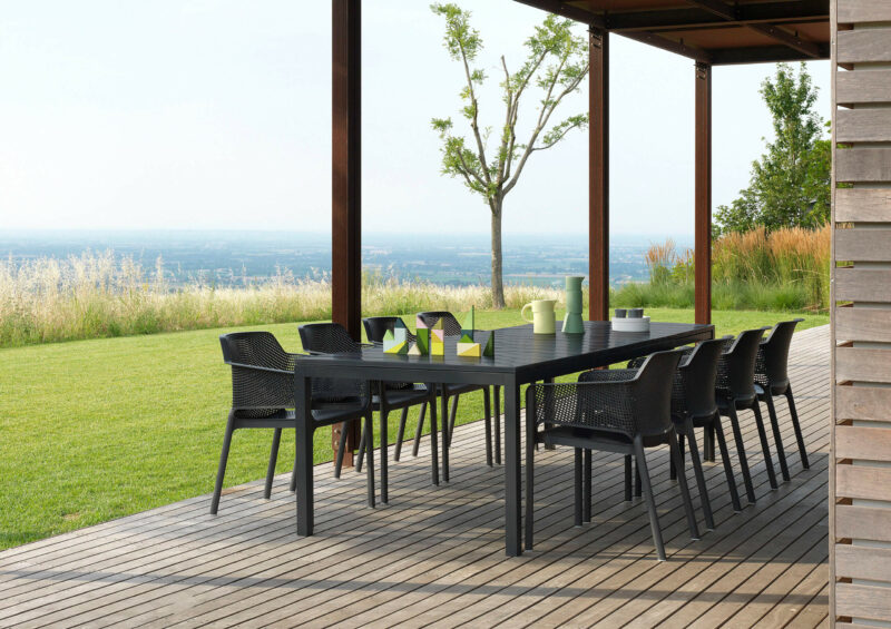 NARDI Net Rio 9 Piece Dining Setting – Charcoal (Rio Table & Net Chairs)